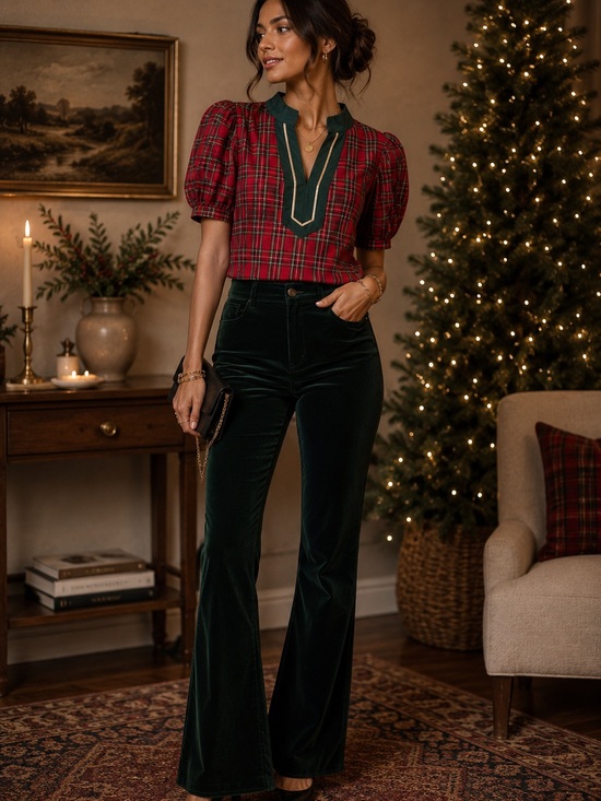 entro Tops - entro Red Plaid Short-Sleeve Blouse with Dark Green Trim
